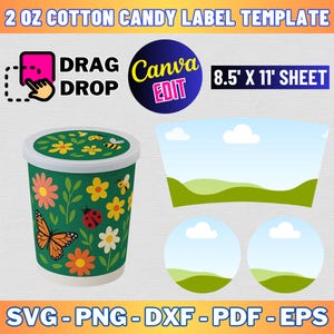 May include: A printable template for a 2 oz cotton candy label. The label features a green background with a floral design, a butterfly, and a ladybug. The template is designed to be used with Canva and includes a 8.5 x 11 inch sheet.
