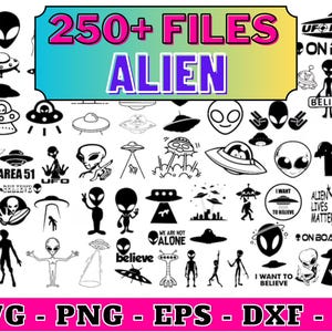 Könnte beinhalten: Eine Sammlung von über 250 Schwarzweiß-Dateien im SVG-, PNG-, EPS-, DXF- und AI-Format zum Thema Außerirdische und UFOs. Die Bilder beinhalten Außerirdische, UFOs und Texte wie "Area 51", "UFO Hunter", "Ich glaube" und "Alien Lives Matter".