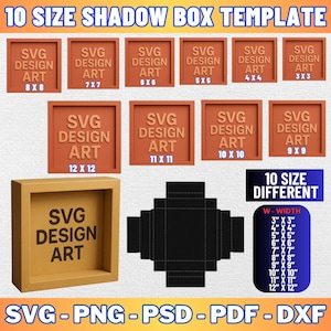 May include: A digital template for creating shadow boxes in 10 different sizes. The template includes a black and white outline of a shadow box, as well as a table listing the different sizes available, from 3 inches by 3 inches to 12 inches by 12 inches. The template is available in SVG, PNG, PSD, PDF, and DXF formats.