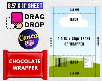 May include: A printable template for a chocolate bar wrapper. The template is designed for an 8.5 by 11 inch sheet of paper. The template includes a front and back side, with instructions for gluing and sealing. The template is designed for a 1.5 ounce or 45 gram chocolate bar.