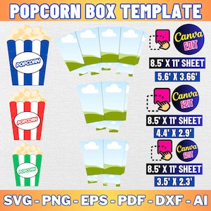 May include: Printable popcorn box template with three different sizes. The template features a green and blue landscape design with white clouds. The text "Canva EDIT" is on each template. The text "8.5' X 11' SHEET" is on each template. The text "5.6' X 3.66'" is on the first template. The text "4.4' X 2.9'" is on the second template. The text "3.5' X 2.3'" is on the third template. The text "SVG-PNG-EPS-PDF-DXF-AI" is at the bottom of the image.