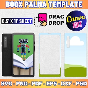 May include: A template for a Boox Palma e-reader case, featuring a robot, a book, and a blank screen. The template is designed to be used with Canva and can be customized with your own designs. The template is available in SVG, PNG, PDF, EPS, DXF, and PSD formats.