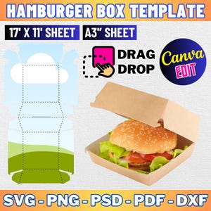 May include: A printable template for a hamburger box. The template is shown on a 17 by 11 inch sheet of paper. The template is also shown on an A3 sheet of paper. The template is shown with a hamburger in the box. The template is available in SVG, PNG, PSD, PDF, and DXF formats.