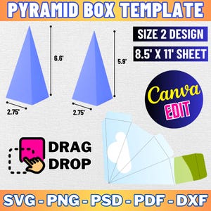 May include: A printable template for a pyramid box, with instructions to drag and drop the design onto a 8.5 inch by 11 inch sheet. The template is for a size 2 design. The image shows a blue pyramid box with measurements in inches.