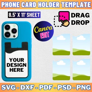 May include: A blue phone case with a black card holder. The card holder has a white area that says "YOUR DESIGN HERE". The image also shows a Canva logo and a drag and drop area. The text "PHONE CARD HOLDER TEMPLATE" and "8.5' X 11' SHEET" is also visible.