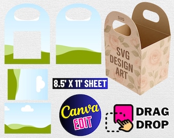 May include: A printable template for a gift bag box. The template includes a floral design and the text "SVG DESIGN ART". The template is designed to be printed on an 8.5 x 11 inch sheet of paper. The template is editable in Canva and can be dragged and dropped to create a custom design. The template is available in SVG, PNG, PSD, PDF, DXF, and CDR formats.