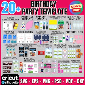 May include: A colorful digital template set for birthday parties, featuring various designs for chocolate bars, party hats, candy boxes, water bottles, and more. Includes SVG, EPS, PNG, PSD, PDF, and DXF file formats.