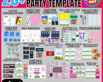 Party Favor Templates Bundle: Birthday Invitations, Banners, Stickers (Digital Download)