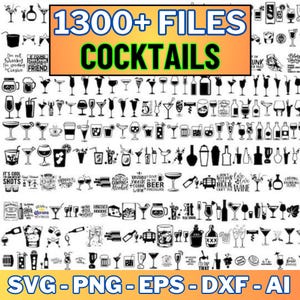 Könnte beinhalten: Ein Schwarzweiß-Grafikdesign-Bild mit über 1300 Cocktail-Dateien. Das Bild enthält verschiedene Cocktailgläser, Flaschen und andere verwandte Symbole. Der Text "1300+ FILES COCKTAILS" wird in großen, fetten Buchstaben oben im Bild angezeigt. Der Text "SVG - PNG - EPS - DXF - AI" wird unten im Bild angezeigt.