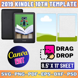 Op de afbeelding: Een digitaal sjabloon voor een Kindle 10e generatie e-reader. Het sjabloon bevat een zwart-witte illustratie van een robot die een boek vasthoudt. Het sjabloon is ontworpen om te worden gebruikt met Canva en bevat een sleep-en-neerzetfunctie. Het sjabloon is 21,6 cm bij 27,9 cm.
