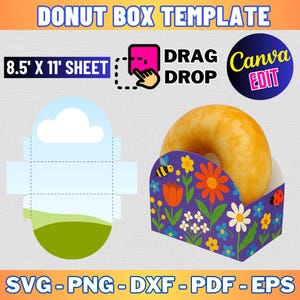 Könnte beinhalten: Eine druckbare Donut-Schachtelvorlage mit einem Blumenmuster. Die Vorlage ist für ein Blatt Papier im Format 8,5 x 11 Zoll und kann in Canva bearbeitet werden. Die Schachtel ist so konzipiert, dass sie einen Donut aufnehmen kann und hat einen Ausschnitt für das Donutloch. Die Schachtel ist mit einer Biene, Blumen und einem Marienkäfer verziert.