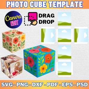Könnte beinhalten: Eine druckbare Vorlage für einen Fotowürfel mit einem Blumenmuster und einem Himmel- und Hügelmuster. Die Vorlage ist mit "Photo Cube Template" und "Drag Drop" beschriftet und enthält den Text "Canva Edit".