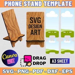 Modelo de suporte para telefone, suporte para telefone personalizado, suporte para telefone celular Svg, modelo de sublimação para suporte para telefone, suporte para telefone cortado a laser, Canva editável