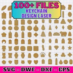 May include: A collection of 100+ laser cut keychain designs in various shapes and sizes. The designs include hearts, stars, paw prints, animals, and more. The designs are shown on a white grid background. SVG, DWF, DXF, and EPS file formats are included.