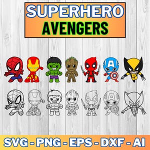 May include: A set of 10 superhero character illustrations, including Spider-Man, Iron Man, Hulk, Groot, Deadpool, Captain America, and Wolverine. The illustrations are in both color and black and white.