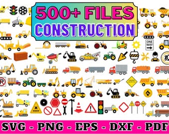 Paquete de imágenes prediseñadas SVG de vehículos de construcción: excavadora, camión (descarga digital)