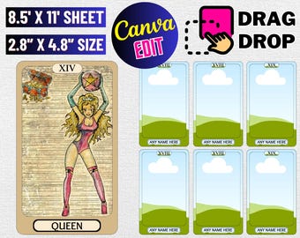 May include: Tarot card template with a vintage design. The template includes a tarot card illustration of a queen holding a star, and additional card templates. The image includes the text "TAROT CARD TEMPLATE", "DRAG DROP", and "QUEEN". The sheet size is 8.5" x 11".