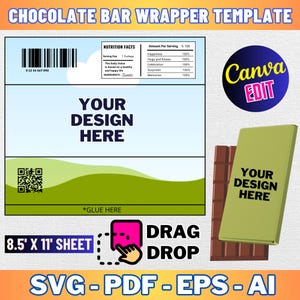 May include: A printable template for a chocolate bar wrapper. The template includes a nutrition facts label, a space for a QR code, and a space for a design. The template is 8.5 inches by 11 inches and can be used to create custom chocolate bar wrappers.