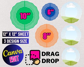 May include: A digital template for creating wind spinners in three sizes: 6 inches, 8 inches, and 10 inches. The template is designed to be used with Canva and includes a drag and drop feature. The template is available in SVG, PNG, DXF, PDF, EPS, and PSD formats.