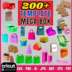 May include: A collection of various paper craft templates, including boxes, bags, and containers in various shapes and colors. The image includes the text "200+ TEMPLATE MEGA BOX" and "5"x8"" measurements. The image also includes the text "SVG - PNG - AI - JPG - DXF - EPS - PDF".