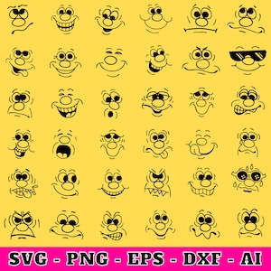 スマイリー フェイス SVG バンドル、漫画の感情の顔 SVG バンドル、かわいい顔 SVG、かわいい面白い顔 SVG、絵文字の顔、漫画の顔のクリップアート