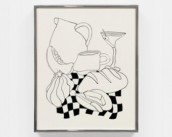 Joyeux Festin - minimalistische fijne digitale print, moderne en funky muurkunst, poster, etentje, fijnproever, eten, wijn, dammen, handgetekend