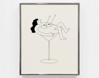 Dirty martini - minimalistische fijne lijntjes, moderne, grappige, funky muurkunst, poster om af te drukken, drankliefhebber, vibes etentje, eetkamer