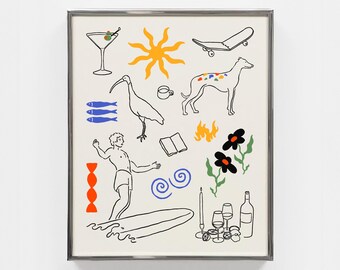 Pêle-mêle - minimalistische fijne digitale print, moderne en funky muurkunst, kleurrijke poster om af te drukken, tattoo flash sheet, surfen, fijnproever, wijn