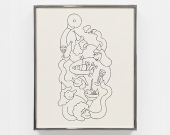 Etentje - minimalistische fijne lijntjesdruk, moderne en funky muurkunst, poster om af te drukken, hostingvibes, vrienden, eetkamer, wijn, fijnproever