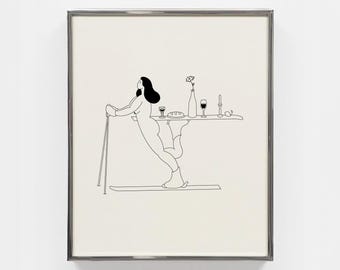 Apéroski: minimalistische fijne lijntjesdruk, moderne en funky muurkunst, digitale poster, skiën, skiën, etentje, hosting, eten, wijn, dineren
