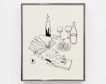 Apéro - minimalistische fijne lijntjesdruk, moderne en funky muurkunst, poster om af te drukken, feestvibes, apero, fijnproever, wijnliefhebber