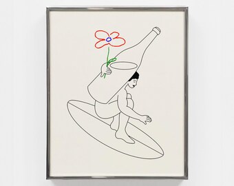 Surfer à flots - minimalistische fijne lijn digitale print, moderne en funky muurkunst, poster om af te drukken, surfen, surfen, bloem, surfplank, wijn