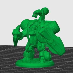 May include: A green miniature robot figurine with a detailed design. The robot has a large shield, a cannon-like structure on its back, and a circular base. The figurine is made of a solid material and is suitable for display or as a collectible item.