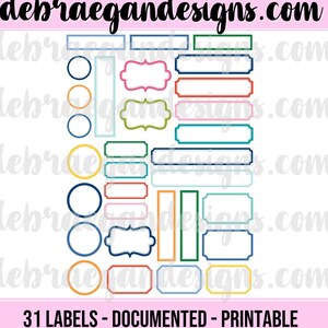 May include: A selection of 31 printable labels in diverse shapes and colours, such as rectangles, circles, and decorative frames. The labels are available in PNG and PDF file formats. The website debraegandesigns.com is displayed at the top.