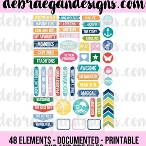 Puede incluir: Una colección de 48 elementos digitales imprimibles con frases como "Documentado", "Nuestra vida" y "Impresionante". Los diseños incluyen varias formas, colores y gráficos, como una palmera y un ancla. El texto "debraegandesigns.com" está en la parte superior.
