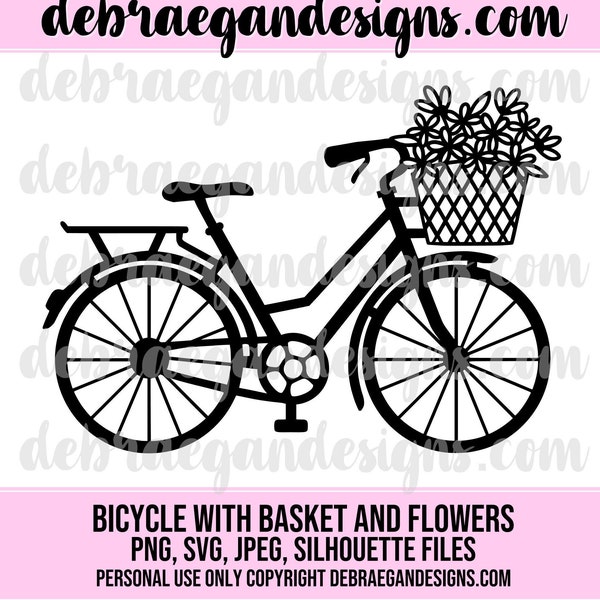 Bicycle with Basket and Flowers Cut File - SVG, PNG, JPEG, .Studio 3 Files - Silhouette Cameo, Cricut - Scrapbooking Layout, Vinyl