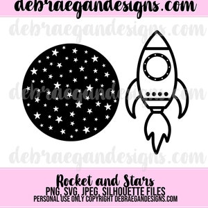 May include: Black and white silhouette of a rocket ship with a star-filled circle. The rocket has a round window and a flame coming out of the back. The text "Rocket and Stars" is below the image.