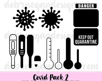 Covid Pack 2 Cut Files -SVG, PNG, JPEG, Studio 3 - Silhouette Cameo, Cricut - Scrapbooking, Covid Virus, Thermometer, Quarantine Sign