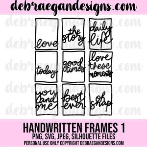 Handgeschreven Frames Cut File - Hand getrokken SVG, PNG, JPEG - Silhouette Cameo, Cricut - Kaart maken, Scrapbooking
