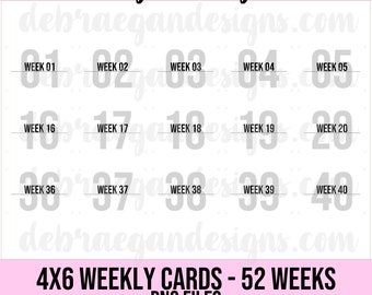 53 Printable 4x6 Weekly Cards - Scrapbooking, Project Life, Traveler's Notebook, Pocket Page Scrapbooking, Journal - PNG Files
