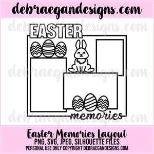 May include: Black and white printable Easter scrapbook layout with the text "Easter Memories" and three Easter eggs. The layout includes a bunny rabbit, a large rectangle, and two smaller rectangles.