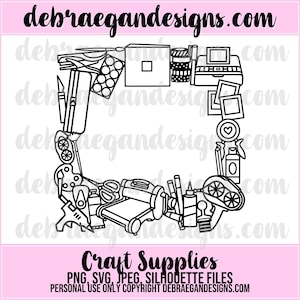 May include: Black and white line art illustration of various craft supplies arranged in a square frame. The supplies include scissors, glue, tape, paint, and more. The text "Craft Supplies" is at the bottom of the image.