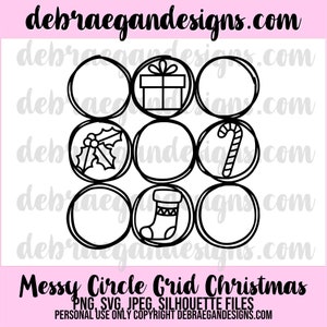 May include: Black and white outline of a Christmas themed messy circle grid. The grid has nine circles with various Christmas icons inside each circle. The icons include a gift box, a holly sprig, a candy cane, a stocking, and empty circles.