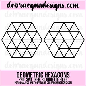 May include: Two black geometric hexagons with a pattern of triangles inside. The hexagons are outlined in black and are on a white background. The text "GEOMETRIC HEXAGONS" is below the hexagons, and the text "PNG, SVG, JPEG, SILHOUETTE FILES" is below that. The text "PERSONAL USE ONLY COPYRIGHT DEBRAEGANDESIGNS.COM" is at the bottom of the image.