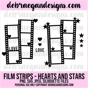 2 Styles of Film Strips- Hearts and Stars - SVG, PNG, JPEG - Silhouette, Cricut - Cut File, Photo Frame, Scrapbooking - Digital Cut File
