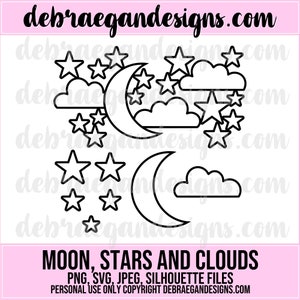 May include: Black and white line art design of a crescent moon, stars, and clouds. The design is perfect for creating crafts, cards, and other projects.
