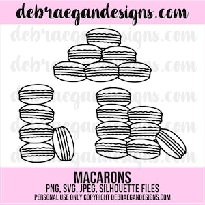 Puede incluir: Ilustración en blanco y negro de macarons apilados. La imagen incluye la palabra "MACARONS" e información sobre tipos de archivo. También está presente la dirección del sitio web "debraegandesigns.com".