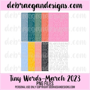 Op de afbeelding: Een digitaal ontwerp met gekleurde tekstblokken, waaronder roze, blauw en oranje, met woorden als "heerlijk" en "liefde". Het ontwerp bevat de tekst "Tiny Words - Maart 2023" en "PNG FILES."
