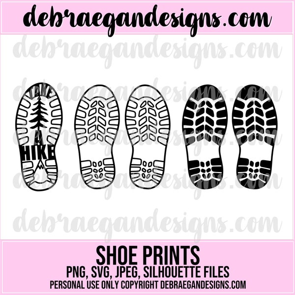 Shoe Prints/Tread Digital Cut File - 3 Styles - SVG, PNG - Explore,Hiking, Hiking Boot Tread, Take A Hike - Scrapbooking, Cricut, Silhouette