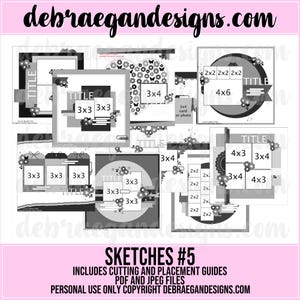 Peut inclure: Plusieurs croquis de scrapbooking en niveaux de gris avec des accents floraux et des tailles de photos variées, dont 3x3, 3x4, 4x3 et 4x6 pouces. L'image comprend le texte "SKETCHES #5" et des informations de site web.